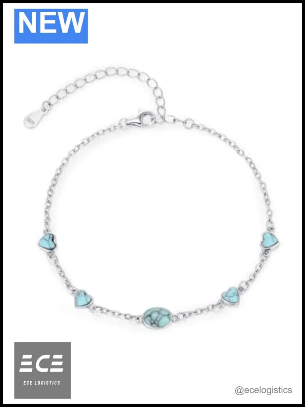 Turquoise and 925 Sterling Silver Heart Link Bracelet Adjustable Lobster Claw